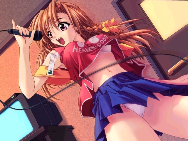 akazawa red, shikei, adachi honami, nyante chaton, game cg, 1girl, bra, braid, breasts, brown hair, dutch angle, female focus, hair ribbon, karaoke, lingerie, long hair, microphone, midriff, navel, open mouth, panties, pantyshot, purple eyes, ribbon, skirt, solo, standing, underwear, upskirt