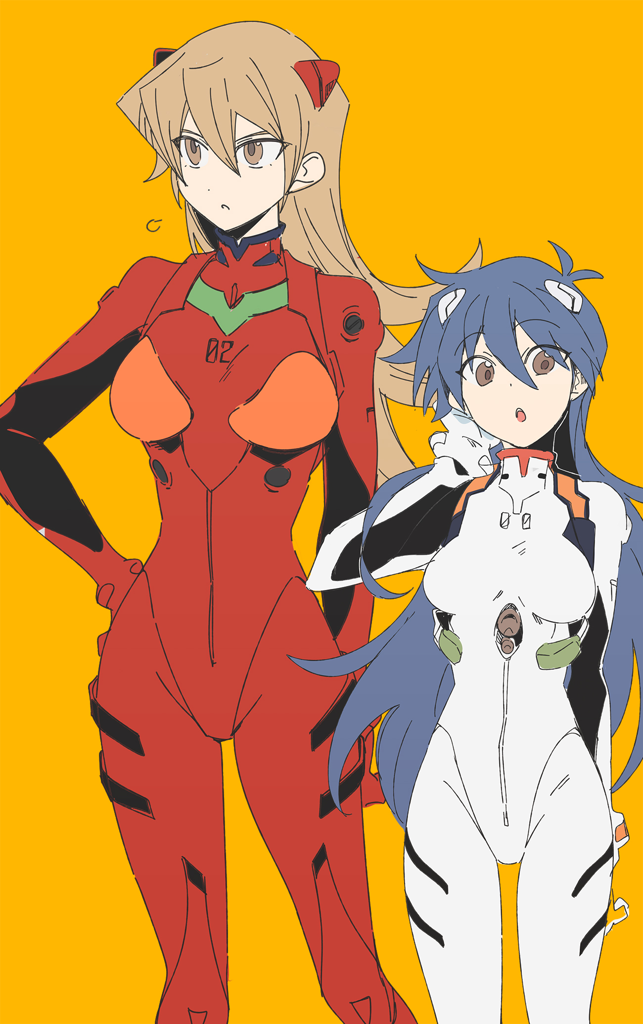 3 ma me, saotome rei, tenjouin asuka, neon genesis evangelion, yu-gi-oh!, yu-gi-oh! gx, highres, 2girls, blonde hair, blue hair, breasts, brown eyes, exhaling smoke, hair between eyes, hand on own face, hand on own hip, interface headset (evangelion), large breasts, long hair, mecha pilot suit, multiple girls, open mouth, plugsuit (evangelion), thigh gap