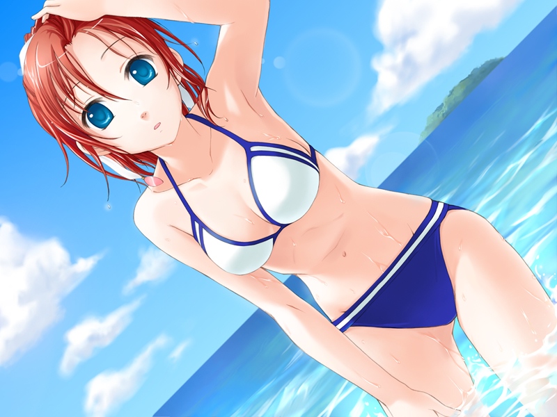ginta, ayase mao, amanatsu, game cg, 1girl, armpits, beach, bikini, blue eyes, day, dutch angle, female focus, outdoors, red hair, short hair, solo, swimsuit, wading, white bikini