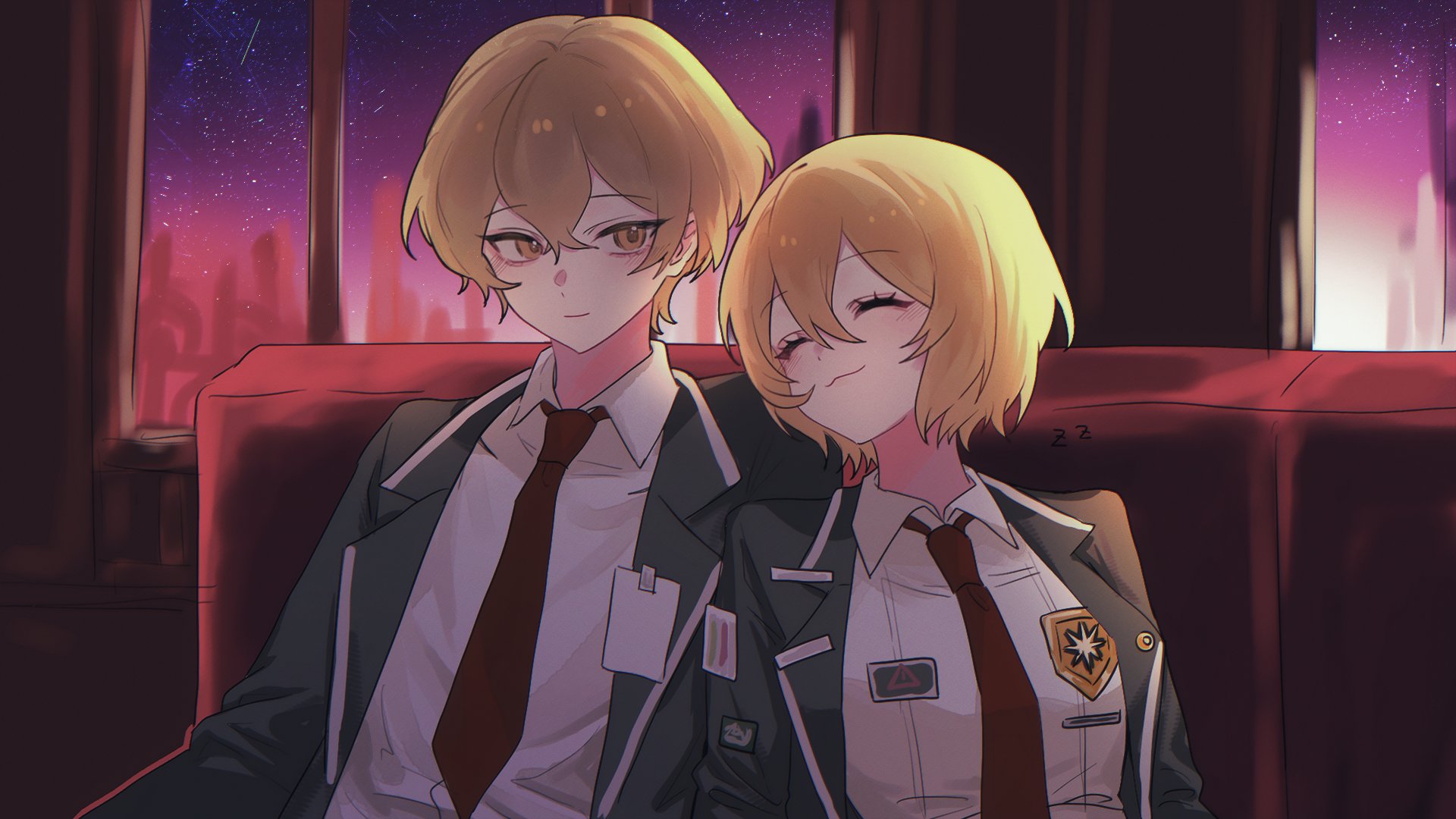 don quixote (project moon), sinclair (project moon), limbus company, project moon, highres, 1boy, 1girl, :3, black jacket, blonde hair, blush, building, city, closed eyes, closed mouth, collared shirt, couch, emblem, falling star, gradient sky, hair between eyes, hetero, id card, indoors, jacket, lapels, leaning on person, long sleeves, looking at another, necktie, night, night sky, on couch, open clothes, open jacket, purple sky, red necktie, shirt, short hair, sitting, sky, skyscraper, sleeping, smile, star (sky), starry sky, upper body, white shirt, window, yama 0511, yellow eyes, zzz