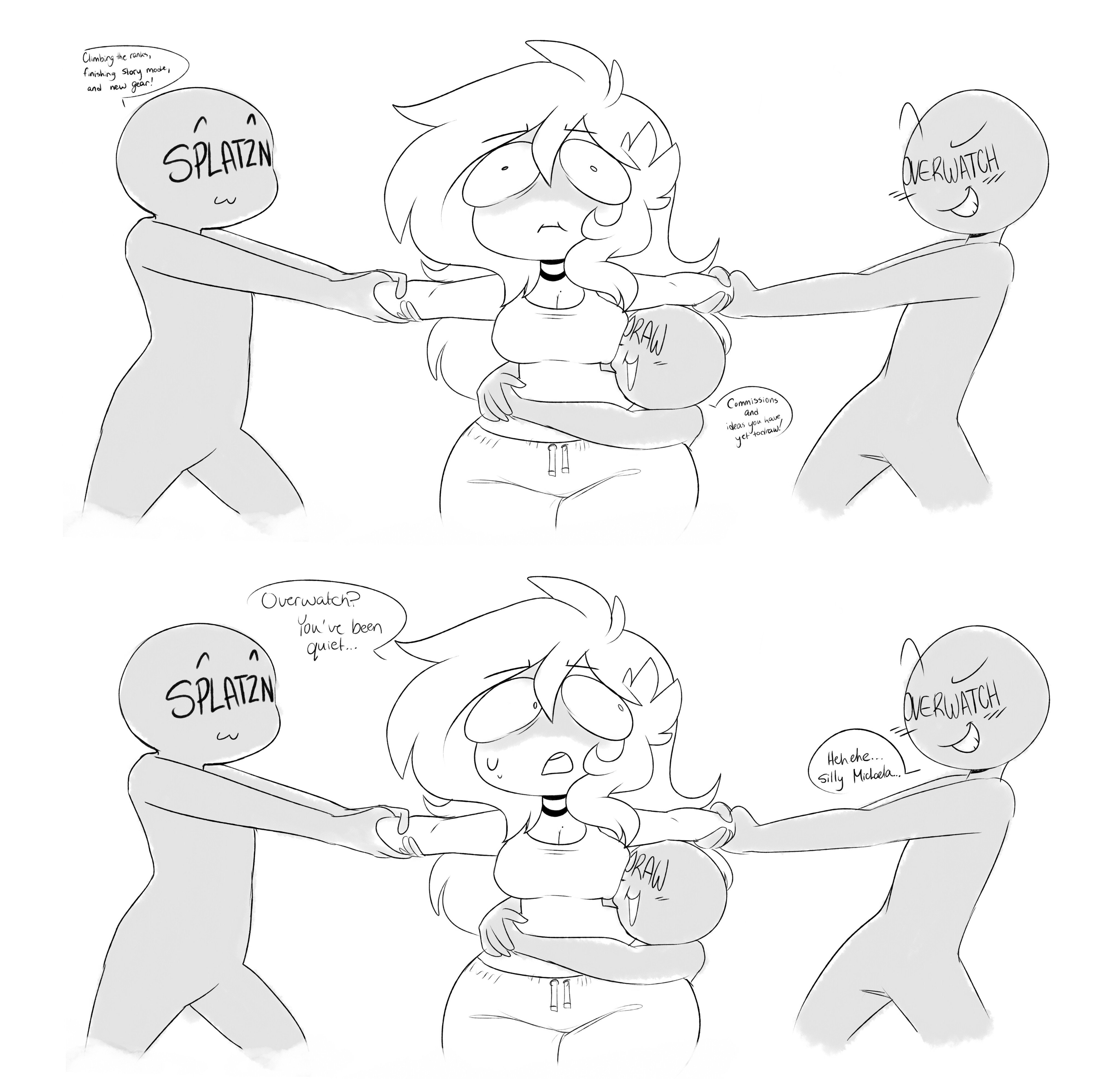toxicsoul77, toon michaela, original, absurdres, commentary, english commentary, highres, 1girl, 3boys, breasts, closed mouth, drawstring, english text, grabbing another's arm, hug, long hair, multiple boys, open mouth, pants, pear-shaped figure, smile, speech bubble, tank top, white background, wide-eyed, wide hips