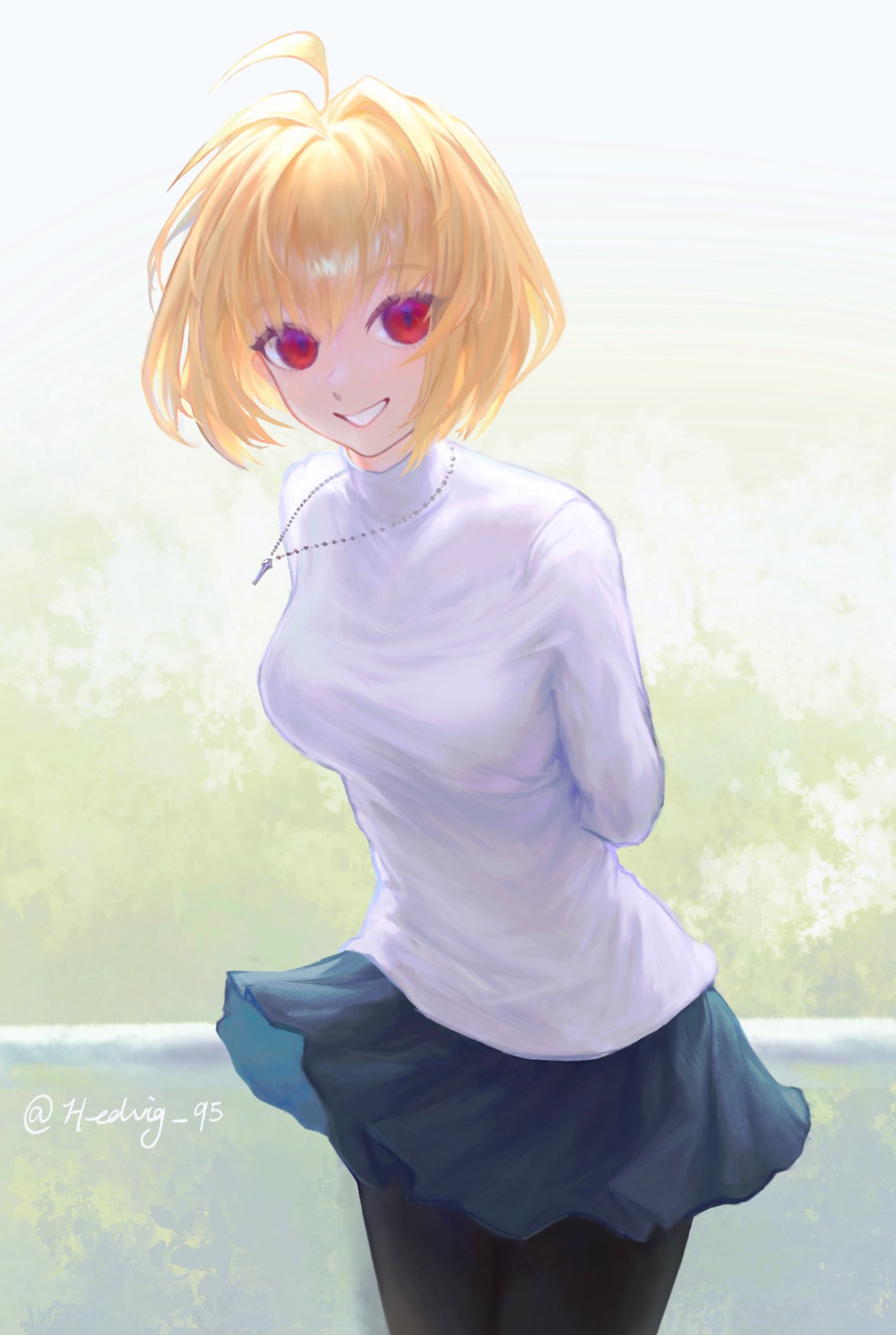 hedvig 95, arcueid brunestud, tsukihime, tsukihime (remake), highres, 1girl, ahoge, arms behind back, black pantyhose, blonde hair, blue skirt, grin, jewelry, long sleeves, looking at viewer, miniskirt, necklace, pantyhose, red eyes, short hair, skirt, smile, solo, sweater, turtleneck, turtleneck sweater, twitter username, white sweater