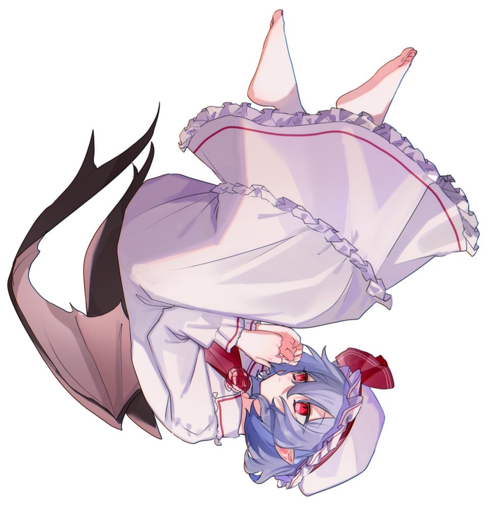 remilia scarlet, touhou, 1girl, ascot, bat wings, closed mouth, collared dress, dress, frilled dress, frilled hat, frills, hair between eyes, hands up, hat, hat ribbon, layered dress, light frown, long dress, long sleeves, mob cap, pink dress, pink hat, pointy ears, potecoro (ey39 g), purple hair, red ascot, red eyes, red ribbon, ribbon, short hair, simple background, solo, white background, wings