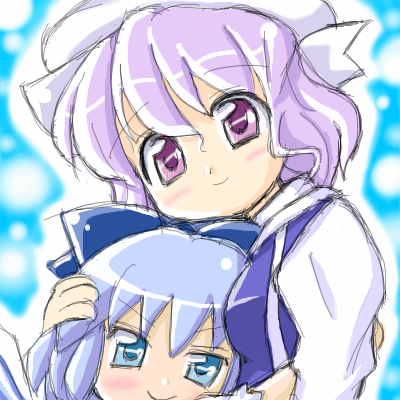cirno, letty whiterock, touhou, lowres, 2girls, between breasts, blue eyes, blue hair, bow, breasts, female focus, head between breasts, multiple girls, purple eyes, purple hair, smile