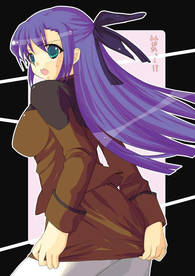 yu yu, ginga nakajima, lyrical nanoha, mahou shoujo lyrical nanoha, mahou shoujo lyrical nanoha strikers, 00s, 1girl, covering ass, covering privates, female focus, pantyhose, pencil skirt, skirt, skirt tug, solo, white pantyhose