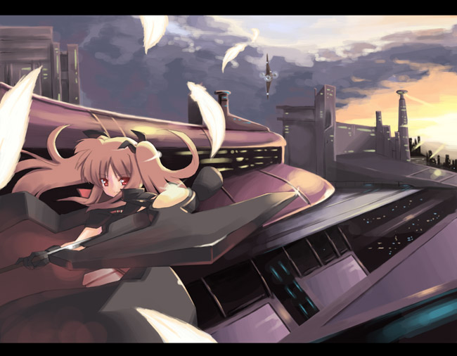 miaka (artist), salty (cherrypie), fate testarossa, lyrical nanoha, mahou shoujo lyrical nanoha, 00s, 1girl, blonde hair, feathers, female focus, letterboxed, red eyes, solo, twintails