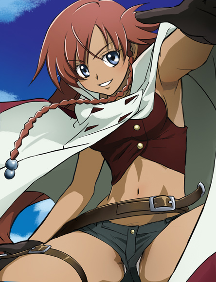 haruyama kazunori, nadie, el cazador de la bruja, 00s, 1girl, ahoge, armpits, asymmetrical hair, belt, blue eyes, braid, brown hair, cloak, female focus, gloves, hair ornament, long hair, mexico, midriff, panties, pantyshot, pink hair, short shorts, shorts, side braid, smile, solo, thigh strap, underwear, upshorts, white panties