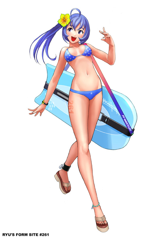 ryu (ryu's form site), original, 1girl, ahoge, ankle cuffs, anklet, bikini, blue bikini, blue eyes, blue hair, female focus, flower, full body, hibiscus, jewelry, kickboard, legs, long legs, matching hair/eyes, polka dot, polka dot bikini, polka dot swimsuit, sandals, side ponytail, simple background, solo, swimsuit, toes, white background