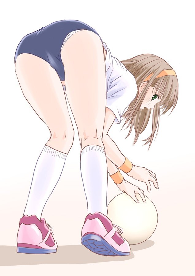 original, ball, bent over, blush, buruma, gym uniform, hairband, looking back, panties, panty slip, solo, surprised, underwear
