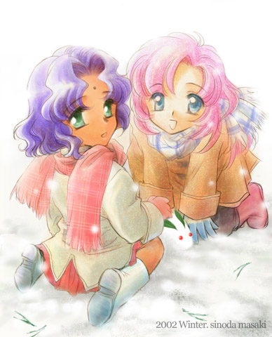 shinoda masaki, himemiya anthy, tenjou utena, shoujo kakumei utena, lowres, 1990s (style), 2girls, aged down, multiple girls, scarf, snow, snow rabbit, snowing