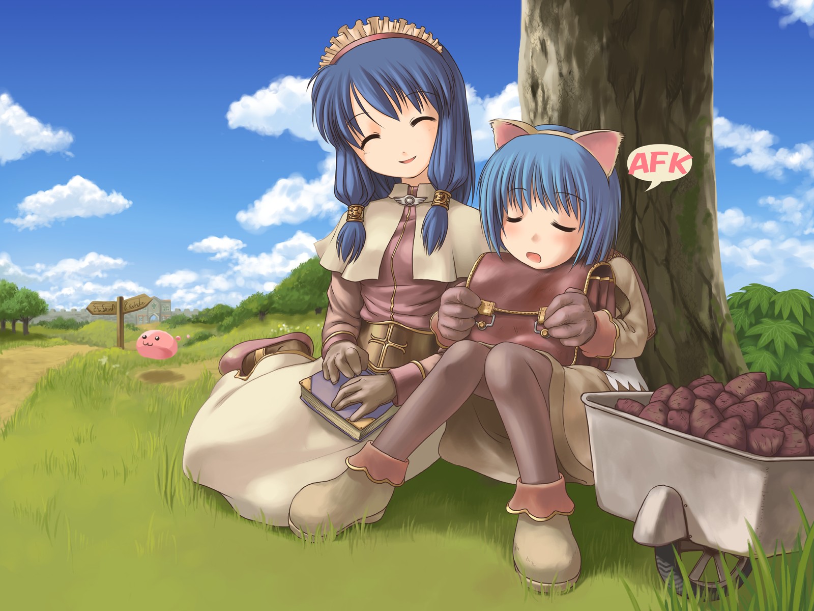 bosshi, acolyte (ragnarok online), merchant, merchant (ragnarok online), poring, ragnarok online, highres, 2girls, :3, animal ears, blob, blue hair, book, cat ears, closed eyes, food, gloves, multiple girls, pantyhose, sitting, sleeping, slime (creature), smile, sweet potato, tree