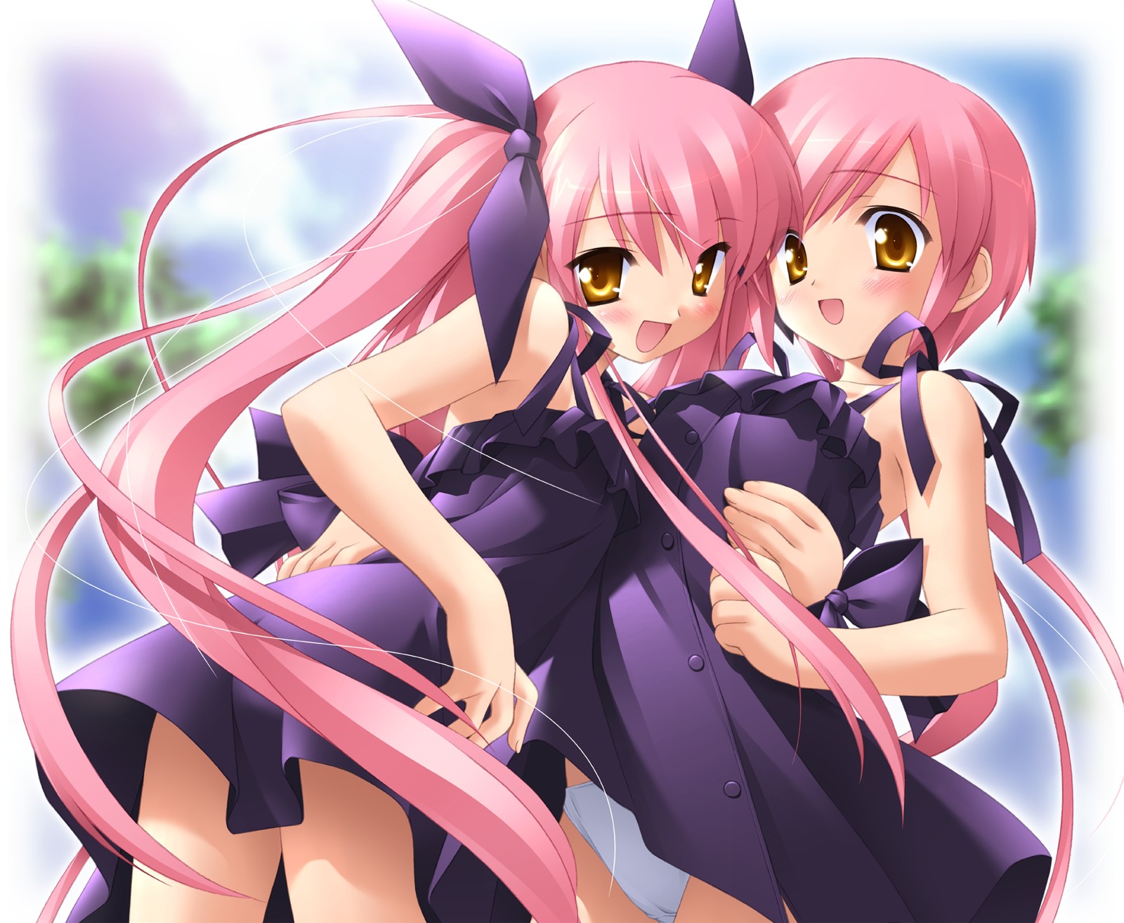 gayarou, kousaka alice, kousaka maria, mizukabe, suigetsu, highres, 2girls, bent over, blush, dress, hair ribbon, hug, long hair, multiple girls, outdoors, panties, pantyshot, pink hair, ribbon, short hair, siblings, sisters, standing, twins, twintails, underwear, very long hair, white panties, yellow eyes