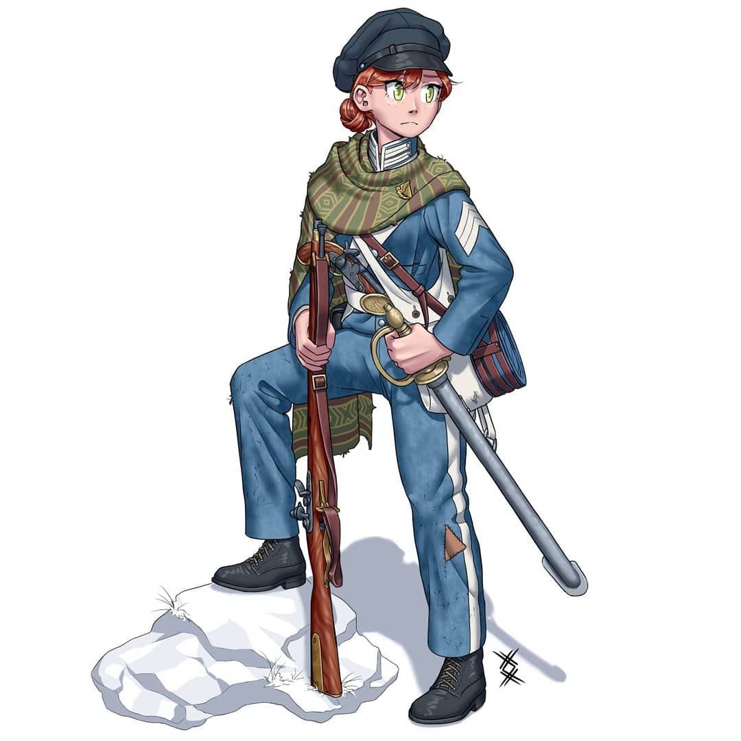 ostwindprojekt, united states army, non-web source, 1girl, antique firearm, army, badge, belt, black boots, boots, bread bag, closed mouth, firearm, firelock, flintlock, forage cap, green eyes, gun, gun sling, hair bun, handgun, holding, holding sword, holding weapon, irish harp, irish text, looking to the side, m1814 mississippi rifle, mantle, military uniform, muzzle loading percussion rifle, red hair, rifle, scabbard, serious, sheath, soldier, standing on rock, sword, united states, weapon, white background, white belt