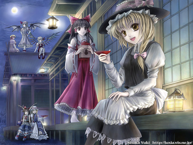 yuki shuuka, flandre scarlet, hakurei reimu, ibuki suika, kirisame marisa, patchouli knowledge, remilia scarlet, yakumo yukari, touhou, 6+girls, apron, blonde hair, female focus, full moon, hat, lantern, moon, multiple girls, siblings, sisters, veranda, wings, witch hat