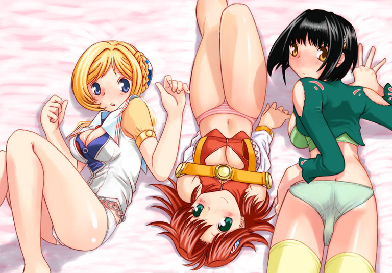 hoshikuzu junction, festenia muse, katia grineal, melua melna meia, banpresto, super robot wars, super robot wars judgement, 3girls, blonde hair, lying, multiple girls, panties, smile, thighhighs, underwear