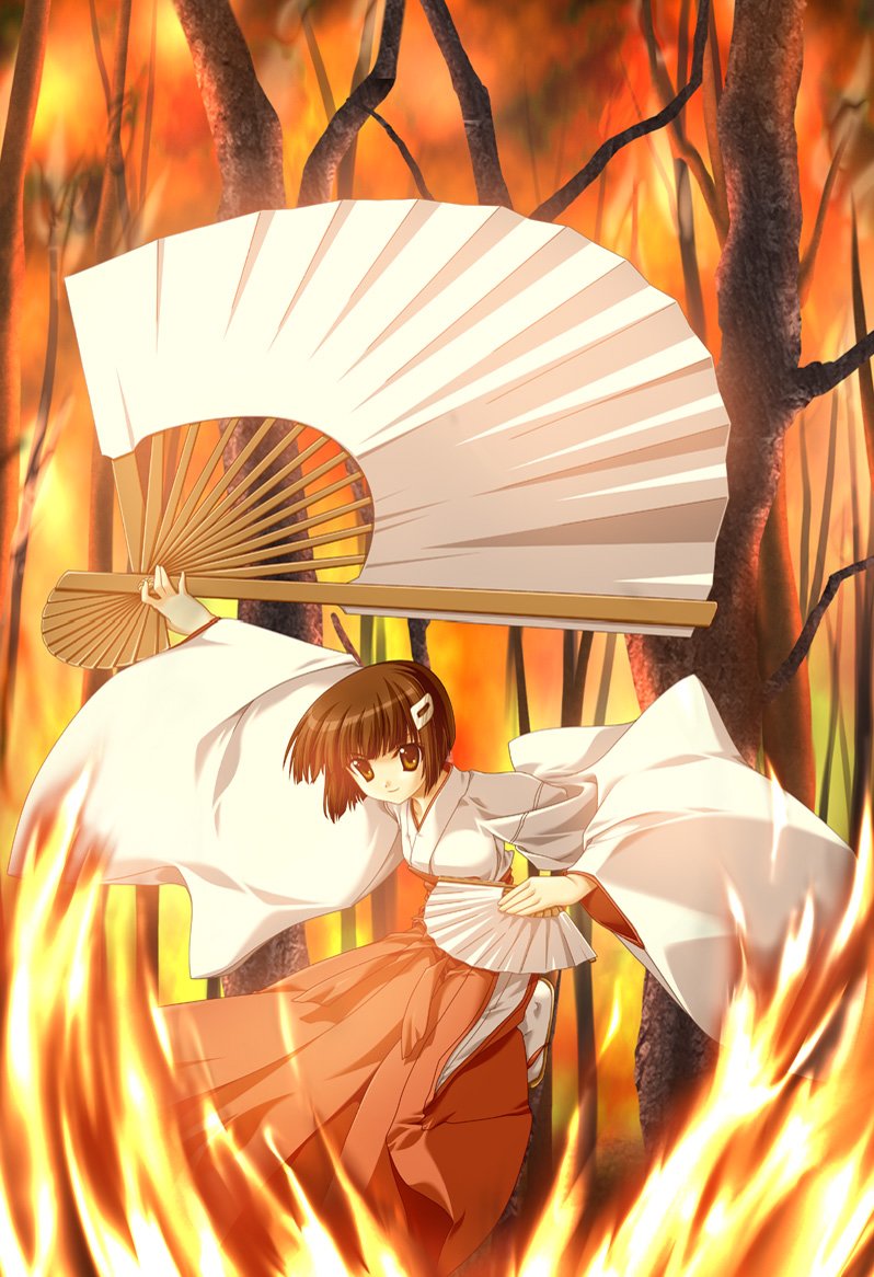 ogami misao, kaze no stigma, duplicate, 00s, 1girl, black hair, brown eyes, female focus, fire, folding fan, hair ornament, hairclip, hakama, hakama skirt, hand fan, japanese clothes, miko, oversized object, red hakama, short hair, skirt, solo