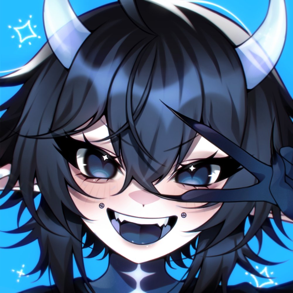 indie virtual youtuber, commentary, symbol-only commentary, 1girl, aegyo sal, black nails, blue background, blue eyes, blue hair, blue hands, blue theme, blue tongue, blush, colored tongue, double-parted bangs, eyelashes, face piercing, hair between eyes, hand up, horns, im monimon, looking at viewer, mouth piercing, open mouth, piercing, portrait, remifiend, short hair, simple background, smile, solo, straight-on, tongue, v, v-shaped eyebrows, v over eye, very long fingernails, virtual youtuber