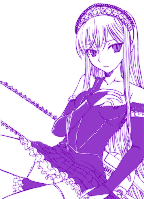 hujimaru arikui, hime (kaibutsu oujo), kaibutsu oujo, 00s, chainsaw, dress, gloves, monochrome, thighhighs, tiara, zettai ryouiki
