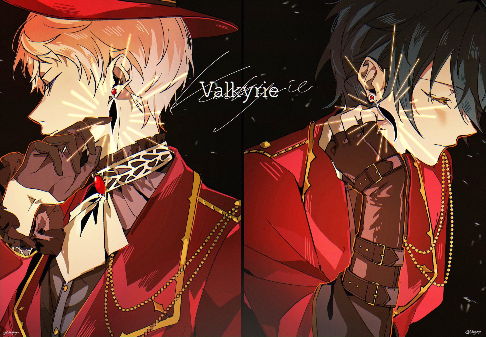 utahyaya, itsuki shu, kagehira mika, ensemble stars!, commentary, highres, symbol-only commentary, 2boys, ascot, belt buckle, black gloves, black hair, buckle, closed eyes, closed mouth, earrings, feather earrings, feathers, fingerless gloves, gloves, hand up, jewelry, lapels, long sleeves, male focus, multiple boys, pink hair, short hair, twitter username, upper body, valkyrie (ensemble stars!)