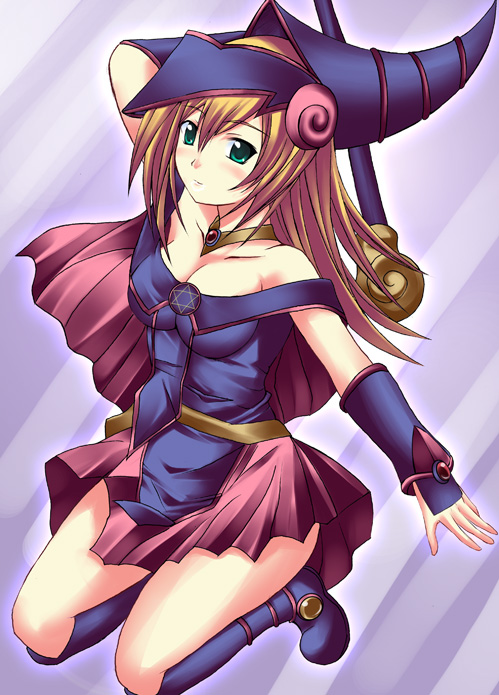 kuronezumi, dark magician girl, yu-gi-oh!, yu-gi-oh! duel monsters, 1girl, armpits, arms up, blonde hair, blue boots, blush, boots, breasts, cape, choker, cleavage, detached sleeves, duel monster, fantasy, female focus, green eyes, helm, helmet, long hair, pentacle, purple background, skirt, solo, wand