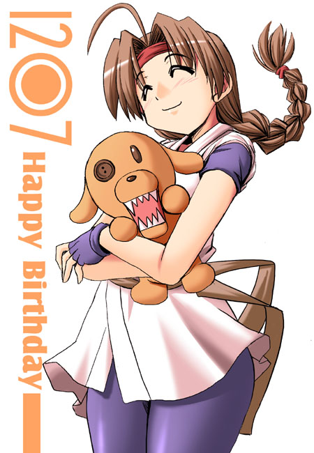 tonpuu, buster-kun, yuri sakazaki, ryuuko no ken, snk, the king of fighters, the pillows, 1girl, blush, brown hair, closed eyes, dougi, female focus, fingerless gloves, gloves, headband, long hair, sash, solo, spandex, stuffed animal, stuffed toy, very long hair