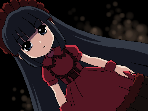 awa, kagami kuro, kodomo no jikan, lowres, 00s, 1girl, :|, black hair, blue eyes, blunt bangs, bonnet, bracelet, child, closed mouth, dress, dutch angle, female focus, frills, gothic lolita, hime cut, jaggy lines, jewelry, lolita fashion, long hair, looking at viewer, oekaki, puffy short sleeves, puffy sleeves, red dress, short sleeves, solo, very long hair