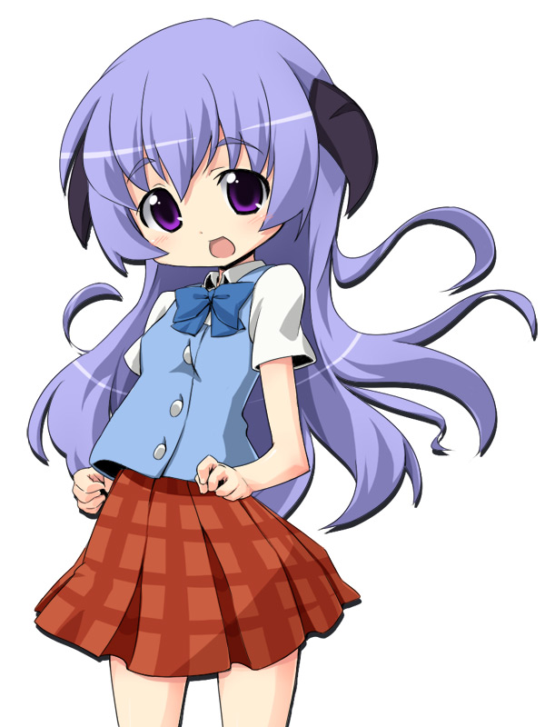 aikei, hanyuu, higurashi no naku koro ni, light purple hair, 00s, 1girl, :d, blue bow, blue bowtie, bow, bowtie, buttons, female focus, long hair, looking at viewer, open mouth, plaid clothes, plaid skirt, pleated skirt, purple eyes, red skirt, school uniform, serafuku, short sleeves, simple background, skirt, smile, solo, white background