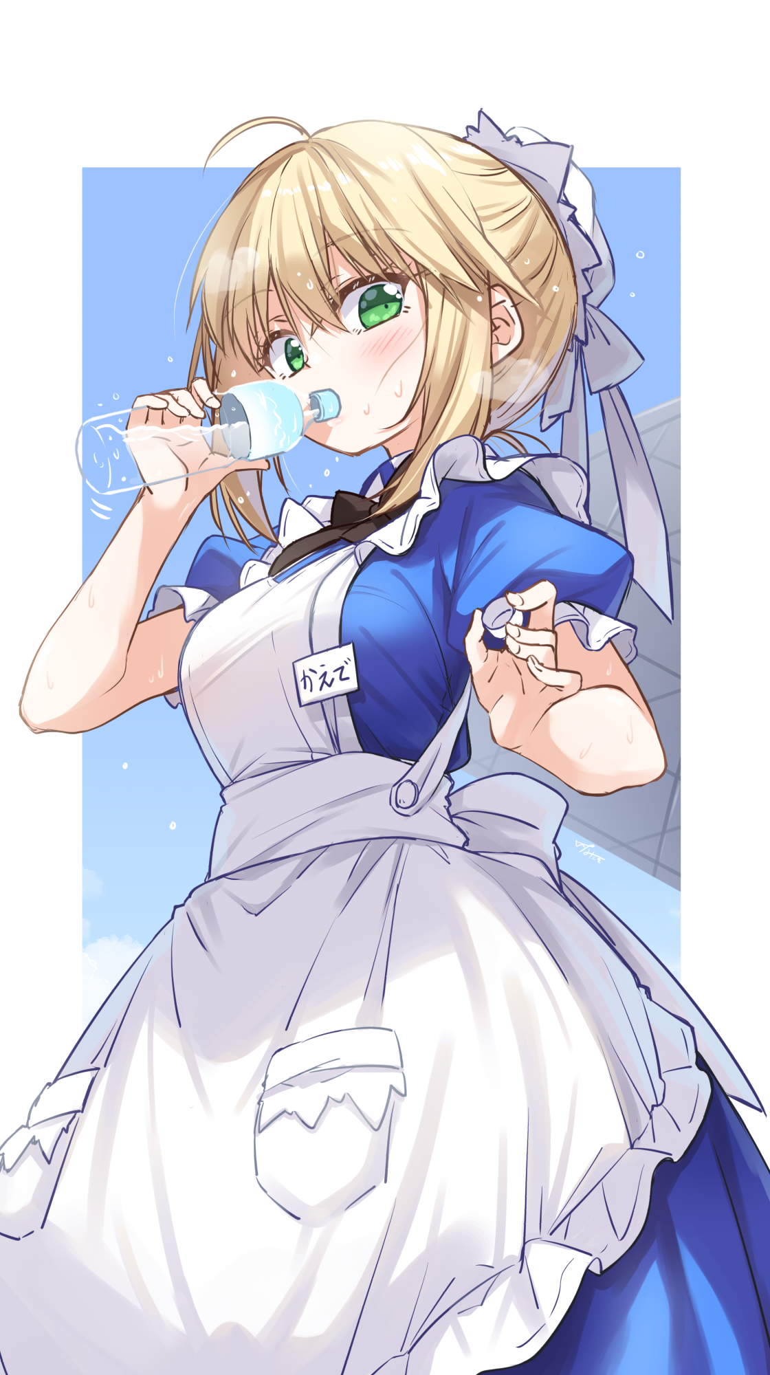 ina (inadahime), original, highres, 1girl, apron, black bow, blonde hair, blue dress, blush, bottle, bow, breasts, dress, green eyes, hat, holding, holding bottle, looking at viewer, maid, maid apron, medium breasts, medium hair, puffy sleeves, short sleeves, solo, sweat, sweatdrop, water bottle, white apron