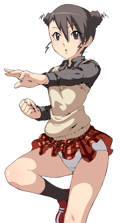 caryo, tabigarasu, saotome suzume, hyakko, 00s, 1girl, black shirt, breasts, collared shirt, cone hair bun, double bun, feet out of frame, female focus, hair bun, miniskirt, narrow waist, orange skirt, panties, pantyshot, plaid clothes, plaid skirt, pleated skirt, red shoes, school uniform, shirt, shoes, short hair, short hair with long locks, skirt, small breasts, sneakers, socks, solo, standing, sweater vest, underwear, white panties