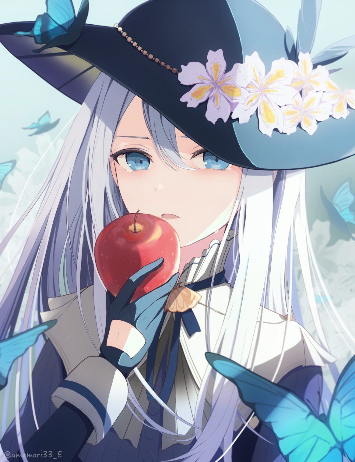 umemori mai, yoisaki kanade, project sekai, commentary request, flower request, highres, 1girl, black gloves, black hat, blue butterfly, blue eyes, bug, butterfly, flower, food, fruit, gloves, hat, holding, holding food, holding fruit, immiscible discord (project sekai), insect, long hair, long sleeves, looking at viewer, official alternate costume, open mouth, solo, twitter username, upper body, white flower, white hair