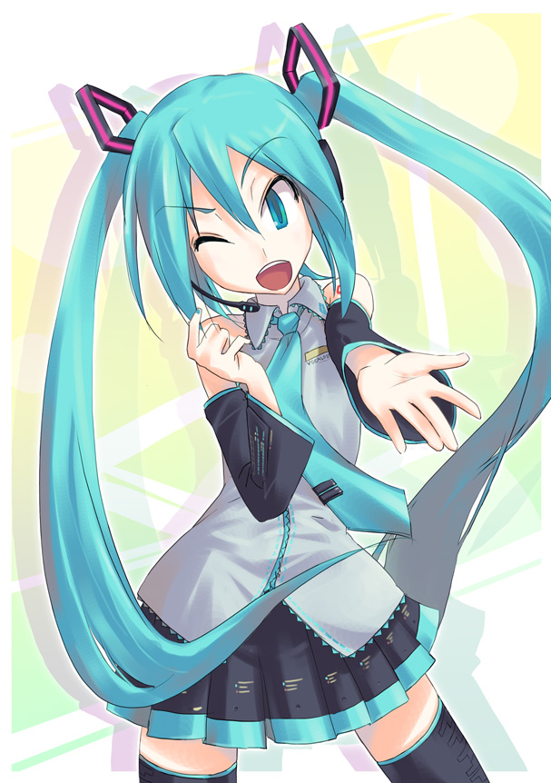 fuchuu, hatsune miku, vocaloid, 1girl, aqua hair, female focus, long hair, solo, thighhighs, twintails, very long hair