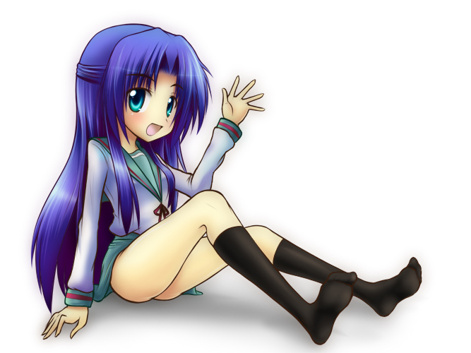 chipa (arutana), asakura ryoko, suzumiya haruhi no yuuutsu, 00s, 1girl, aqua eyes, black socks, feet, female focus, half updo, kneehighs, long hair, no shoes, open mouth, purple hair, school uniform, serafuku, sitting, smile, socks, solo, waving