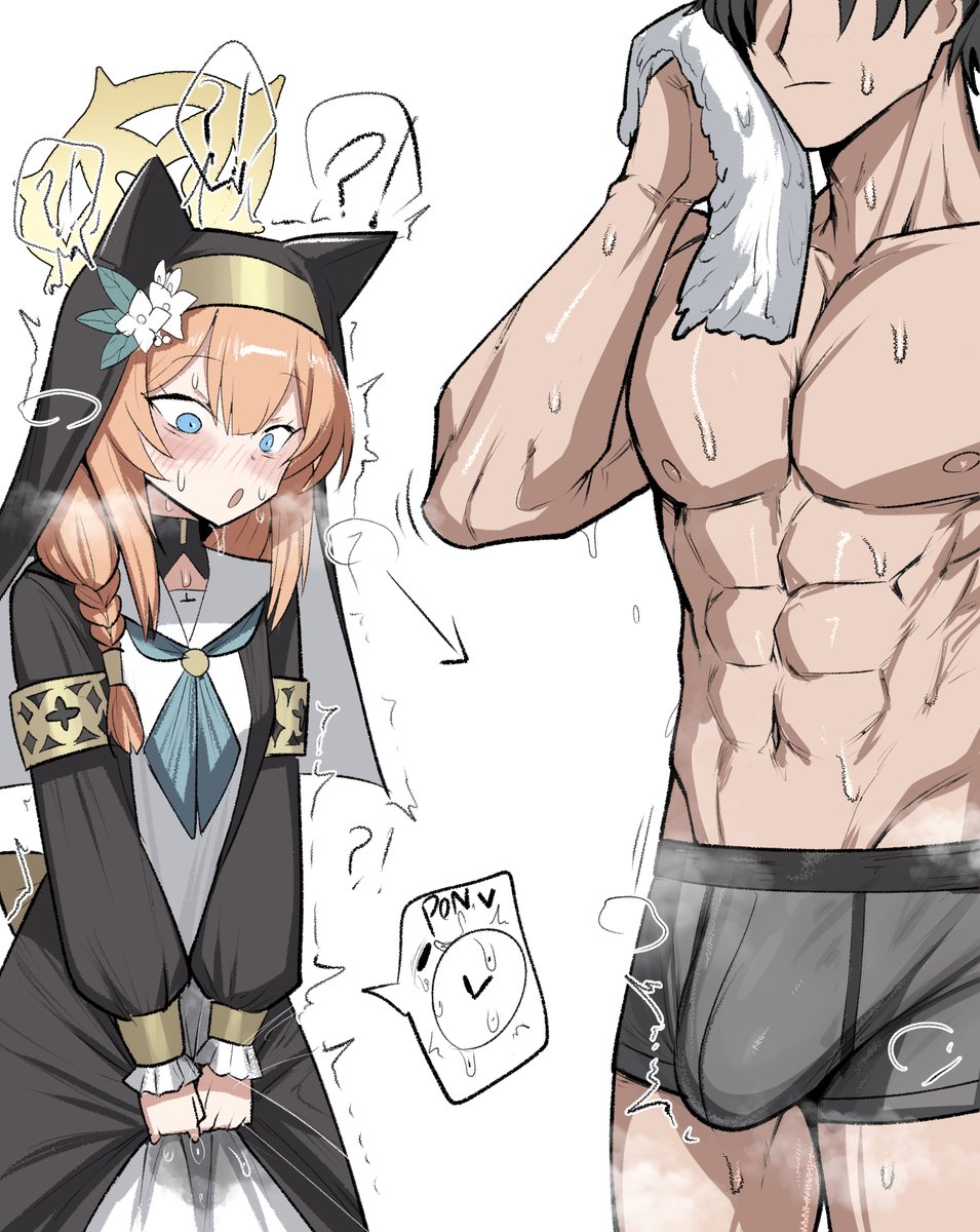 geulimykun (skbyunea413), mari (blue archive), sensei (blue archive), blue archive, highres, 1boy, 1girl, animal ears, black veil, blue eyes, constricted pupils, halo, long sleeves, looking at bulge, male underwear, nervous, nervous sweating, nun, orange hair, ovulation, penis awe, surprised, sweat, toned, toned male, trembling, underwear, veil, white background, wide-eyed, yellow halo