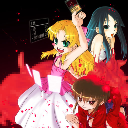 caryo, takeda yukimura, kurame, saya (saya no uta), futaba channel, guro cure, kusari hime: euthanasia, magic: the gathering, nijiura, saya no uta, 3girls, :d, armpits, bare shoulders, blonde hair, blood, blood splatter, blue eyes, brown hair, dress, evil smile, green eyes, long hair, multiple girls, open mouth, red eyes, sidelocks, smile, white dress