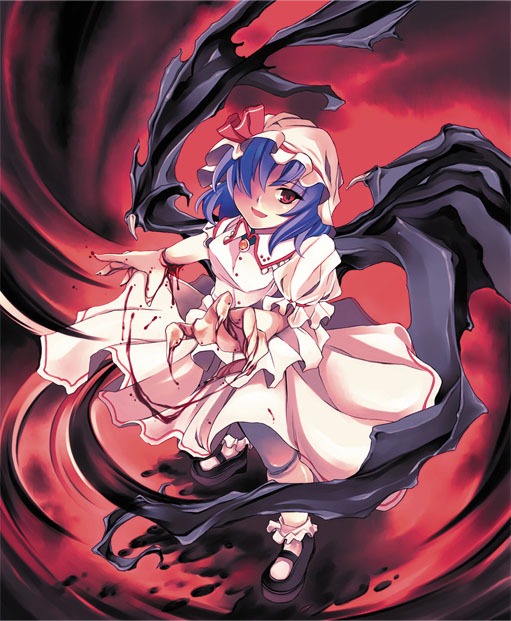 aburidashi zakuro, remilia scarlet, touhou, duplicate, 1girl, female focus, full body, gradient background, hat, short hair, skirt, solo, wings