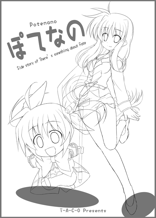 sw (taco), fate testarossa, raising heart, takamachi nanoha, lyrical nanoha, mahou shoujo lyrical nanoha, potemayo, 2girls, bow, chibi, greyscale, long hair, low-tied long hair, magical girl, military, military uniform, monochrome, multiple girls, parody, sketch, twintails
