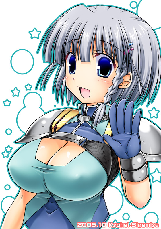 shigemiya kyouhei, seolla schweizer, banpresto, super robot wars, 1girl, blue eyes, braid, breasts, cleavage, cleavage cutout, clothing cutout, female focus, gloves, grey hair, large breasts, open mouth, short hair, side braid, solo, upper body