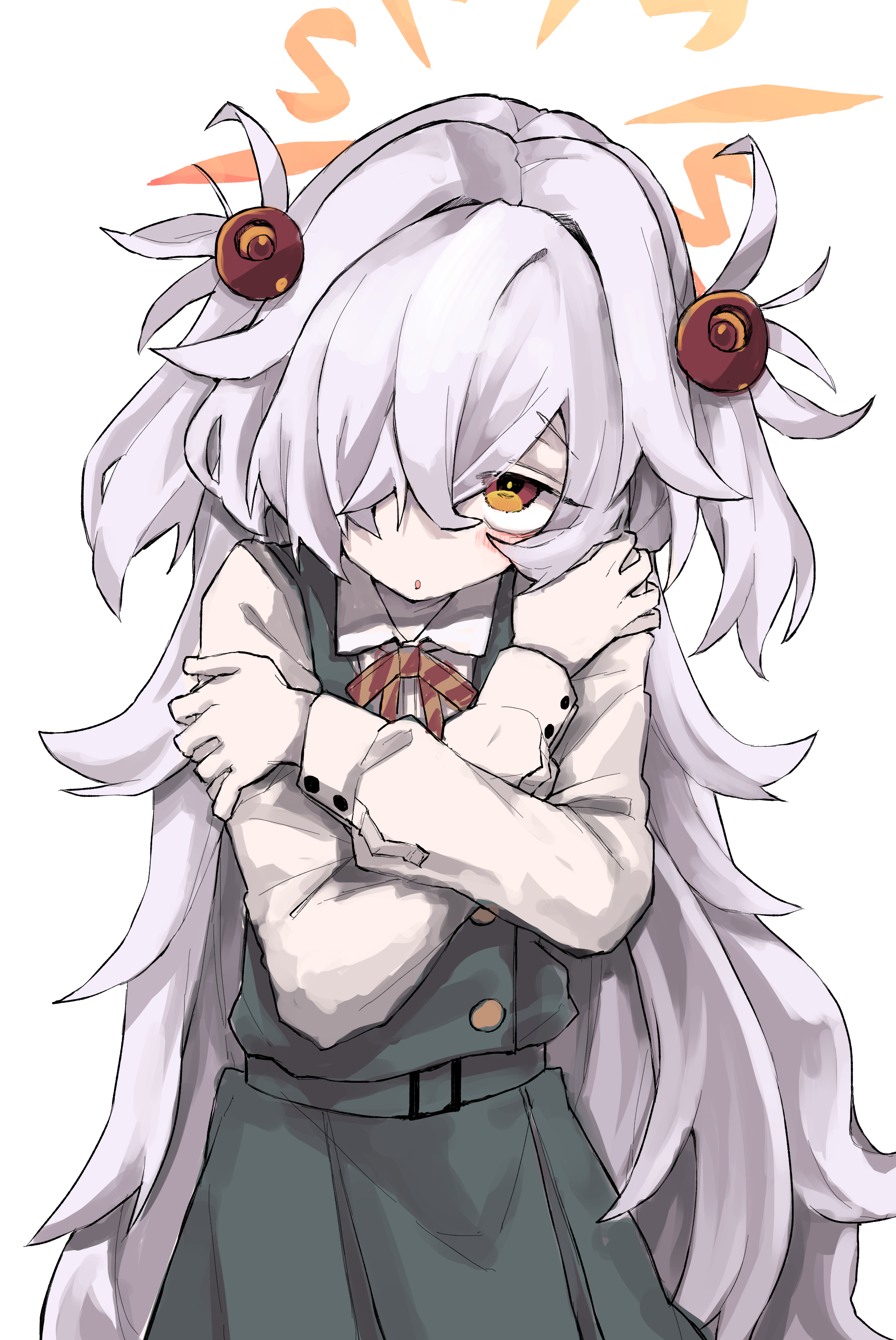 yunuki uta, kanoe (blue archive), blue archive, absurdres, highres, 1girl, collared shirt, crossed arms, dress, green dress, grey hair, hair ornament, hair over one eye, halo, long hair, long sleeves, looking at viewer, neck ribbon, orange eyes, pinafore dress, red ribbon, ribbon, shirt, simple background, sleeveless, sleeveless dress, solo, two side up, very long hair, white background, white hair, white shirt, yellow eyes