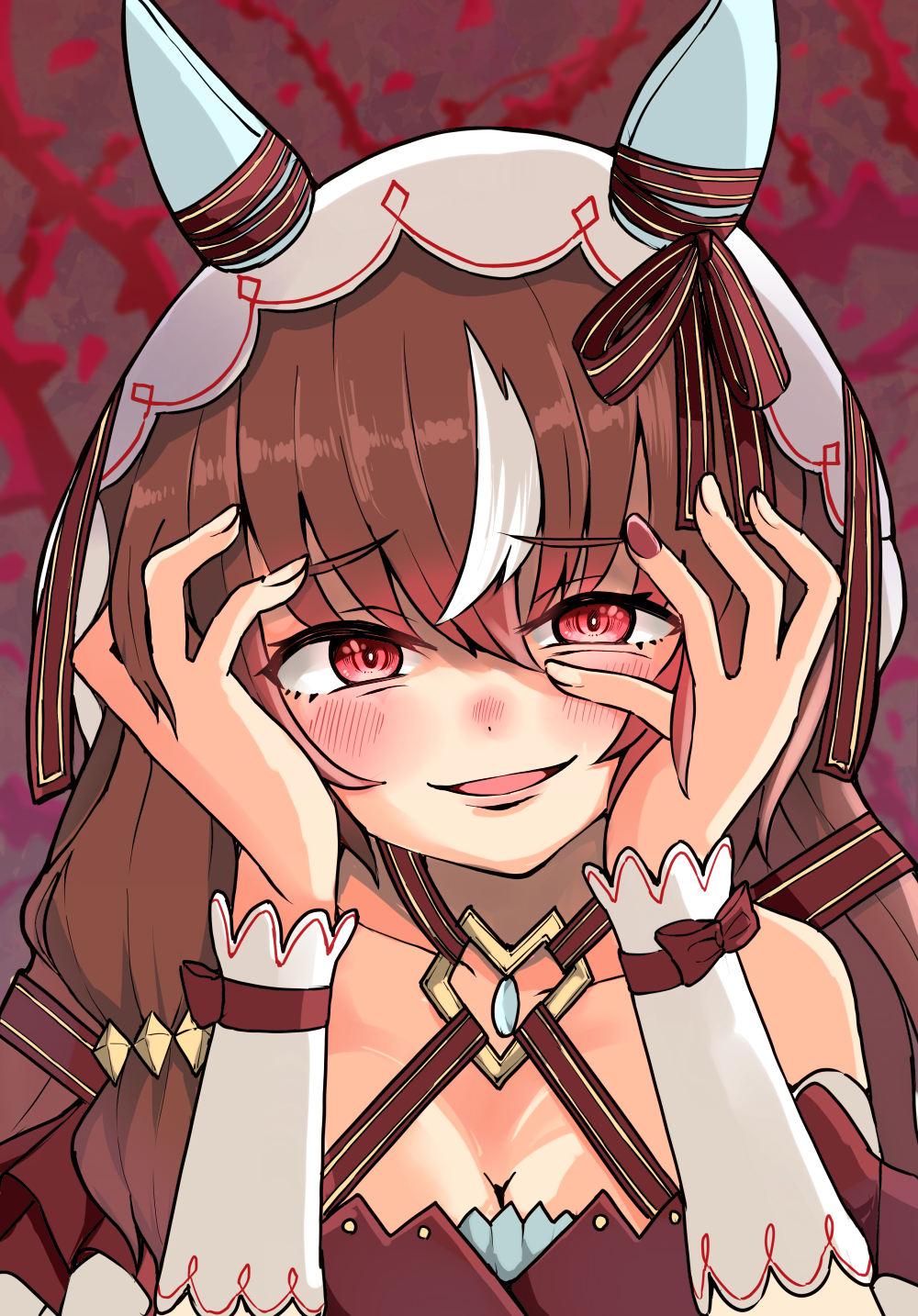barashiya, still in love (umamusume), umamusume, commentary request, highres, partial commentary, 1girl, animal ears, bare shoulders, bow, breasts, brown hair, cleavage, collarbone, detached sleeves, dress, ear ribbon, hair over shoulder, hair ribbon, hands on own face, horse ears, horse girl, long hair, long sleeves, nail polish, off-shoulder dress, off shoulder, parted lips, red dress, red eyes, red nails, red ribbon, ribbon, smile, solo, veil, very long hair, white veil, yandere