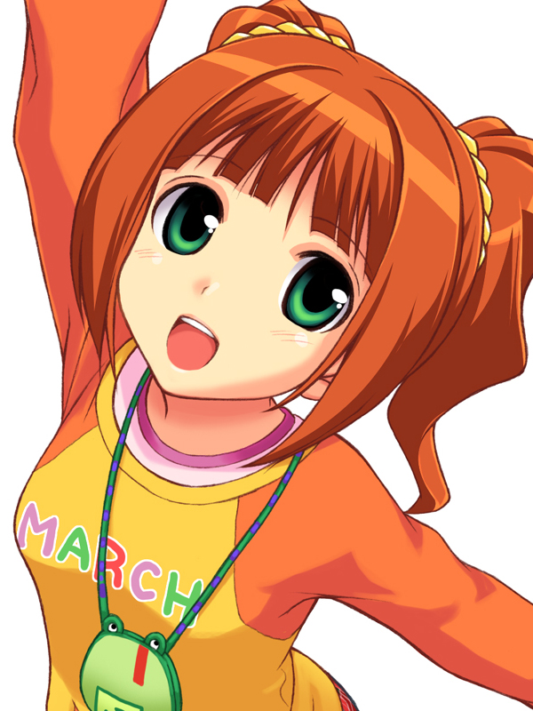 takayaki, takatsuki yayoi, idolmaster, idolmaster (classic), idolmaster 1, 00s, 1girl, arm up, female focus, green eyes, open mouth, raglan sleeves, red hair, short hair, smile, solo, twintails