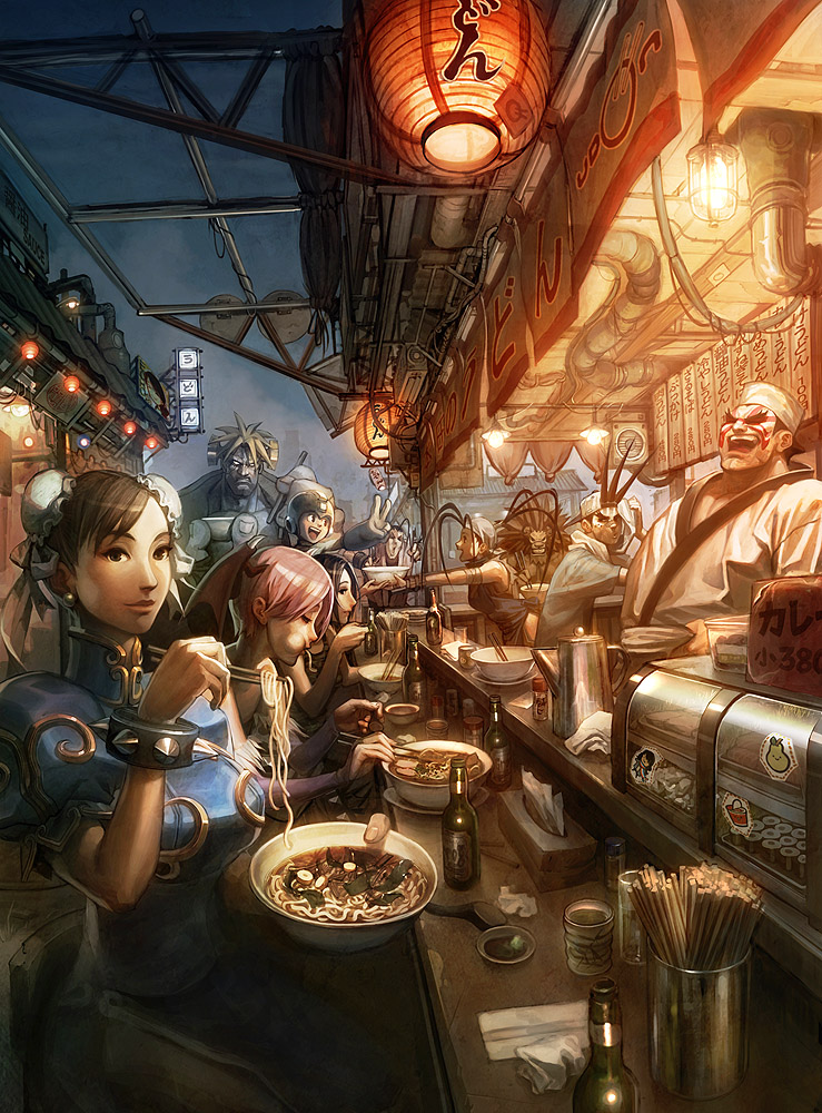 arnistotle, arnold tsang, udon entertainment, chun-li, e. honda, hibiki dan, ibuki, kazama akira, leo (warzard), lilith (darkstalkers), mega man (character), sawamura shouma, victor von gerdenheim, capcom, darkstalkers, mega man (classic), mega man (series), street fighter, street fighter ii, street fighter iii, street fighter zero, street fighter zero i, warzard, bat wings, black eyes, black hair, breasts, brown eyes, brown hair, bun cover, china dress, chinese clothes, crossover, demon girl, dishes, double bun, eyeshadow, food, head wings, headband, japanese clothes, lamp, makeup, night, ninja, noodles, pantyhose, purple hair, restaurant, short hair, smile, spaghetti, tea, udon, wings