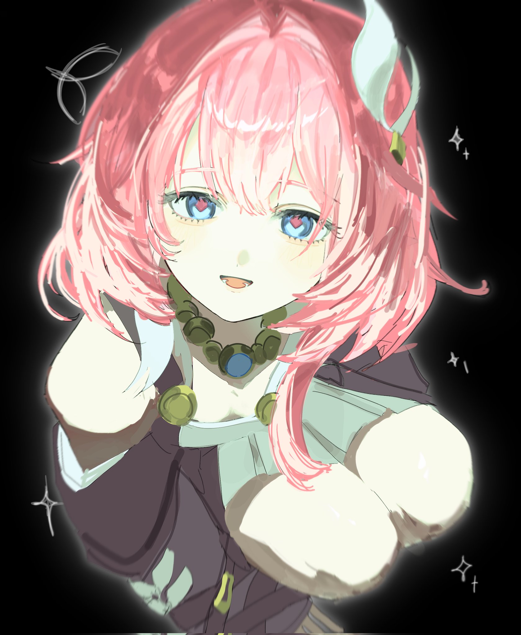 ko (assd 009), cyrene (honkai: star rail), honkai: star rail, honkai (series), corrupted twitter file, hashtag-only commentary, highres, 1girl, bare shoulders, black background, blue eyes, breasts, cleavage, coat, dress, hair ornament, jewelry, looking at viewer, necklace, open mouth, pink hair, purple coat, short hair, simple background, small breasts, solo, white dress