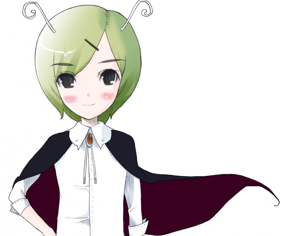 uchu-jin, wriggle nightbug, touhou, 1girl, antennae, blush, cape, female focus, green hair, hand on own hip, solo