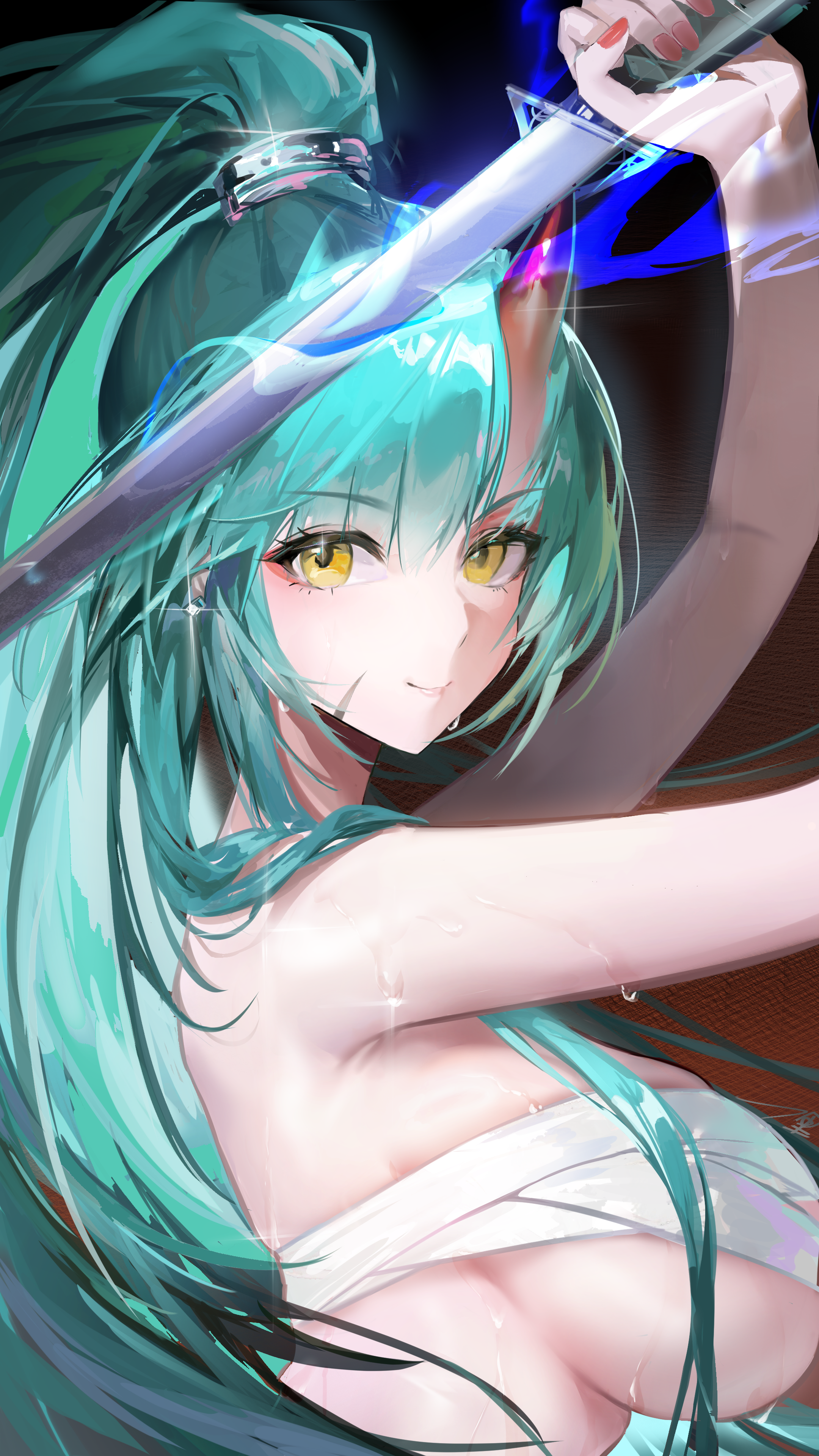 hoshiguma (arknights), hoshiguma the breacher (arknights), arknights, absurdres, chinese commentary, commentary request, highres, 1girl, arm up, bare shoulders, black background, blue fire, breasts, chest sarashi, closed mouth, eyeliner, facial scar, fire, flaming sword, flaming weapon, from side, glint, gradient background, green hair, hair between eyes, hair tie, high ponytail, holding, holding sword, holding weapon, horns, large breasts, long hair, looking at viewer, makeup, nail polish, official alternate costume, ponytail, red eyeliner, red nails, sarashi, scar, scar on cheek, scar on face, sideboob, single horn, slang 14754049, smile, solo, sparkle, sweat, sword, turning head, upper body, very long hair, weapon, yellow eyes