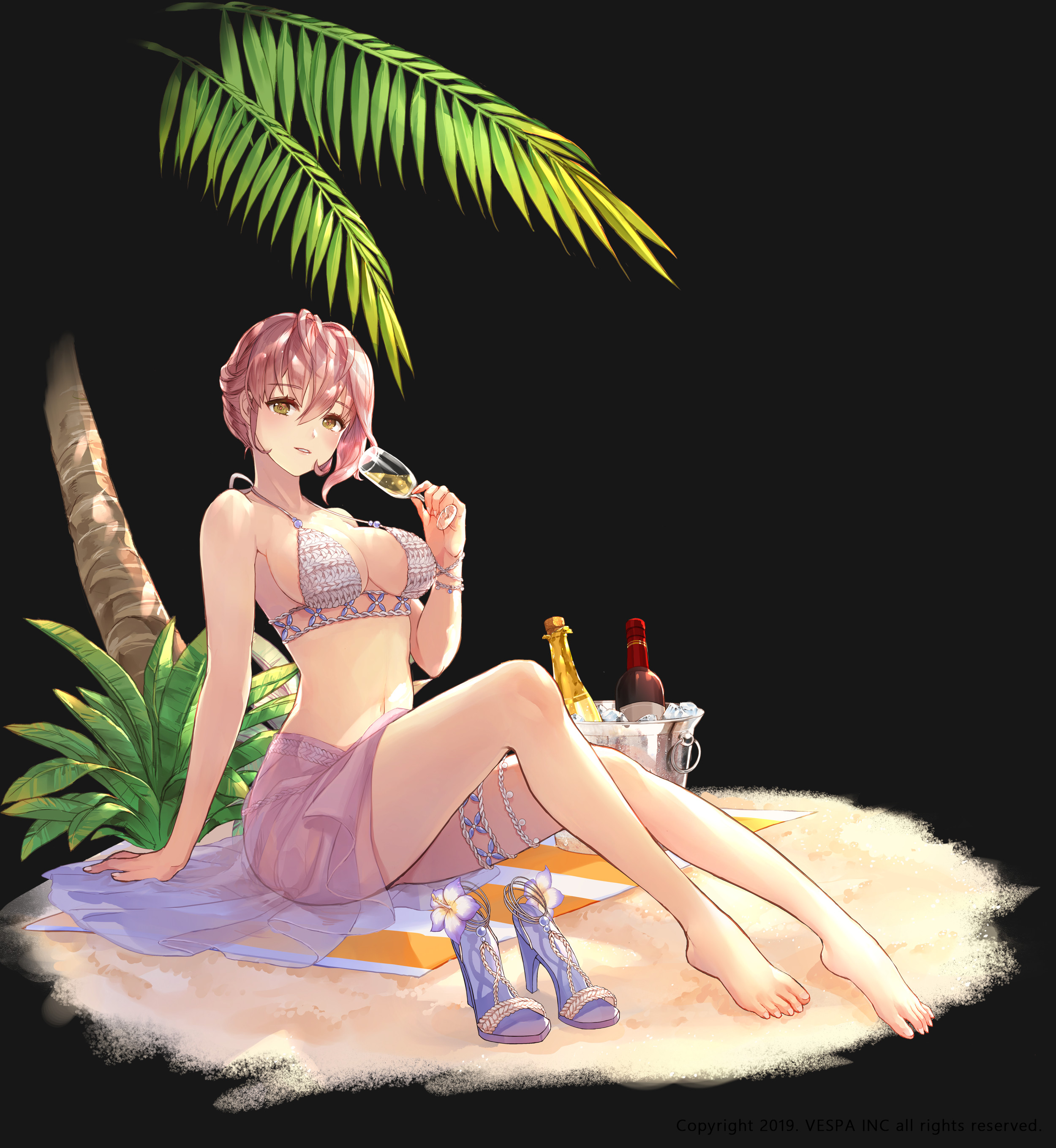yuria (king's raid), king's raid, absurdres, commentary, english commentary, highres, official art, 1girl, alcohol, barefoot, beach, beach towel, bikini, breasts, brown eyes, bucket, champagne, champagne bottle, cleavage, cup, flower, footwear flower, full body, halterneck, hand on ground, high heels, holding, holding cup, ice, ice bucket, ji yu lee, medium breasts, medium hair, official alternate costume, on ground, palm tree, pink hair, pink sarong, purple flower, purple shoes, sand, sarong, shoes, sitting, smile, solo, swimsuit, thigh strap, towel, tree, unworn shoes, white bikini