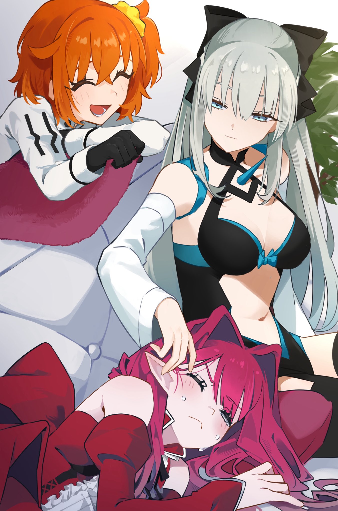 ma ple, baobhan sith (fate), baobhan sith (first ascension) (fate), fujimaru ritsuka (female), morgan le fay (fate), morgan le fay (third ascension) (fate), fate/grand order, fate (series), highres, 3girls, black bow, black gloves, black tiara, blue eyes, blush, bow, breasts, cleavage, closed eyes, gloves, green eyes, hair between eyes, hair bow, long hair, mother and daughter, multiple girls, open mouth, orange hair, pink hair, pointy ears, ponytail, short hair, smile, spikes, tiara, very long hair, white hair