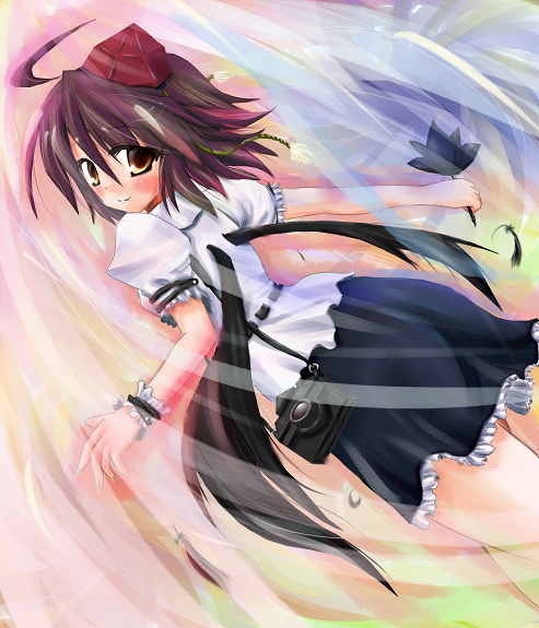 scarlet (studioscr), shameimaru aya, touhou, 1girl, black skirt, black wings, blush, brown hair, female focus, from behind, hat, looking at viewer, looking back, puffy short sleeves, puffy sleeves, short hair, short sleeves, skirt, smile, solo, tengu, tokin hat, wings