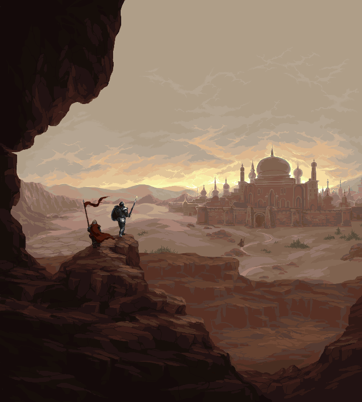 adam ferguson, original, commentary, english commentary, 2others, armor, cloud, cloudy sky, desert, helmet, holding, holding sword, holding weapon, knight, mountain, multiple others, outdoors, palace, pixel art, polearm, scenery, sky, spear, sword, weapon