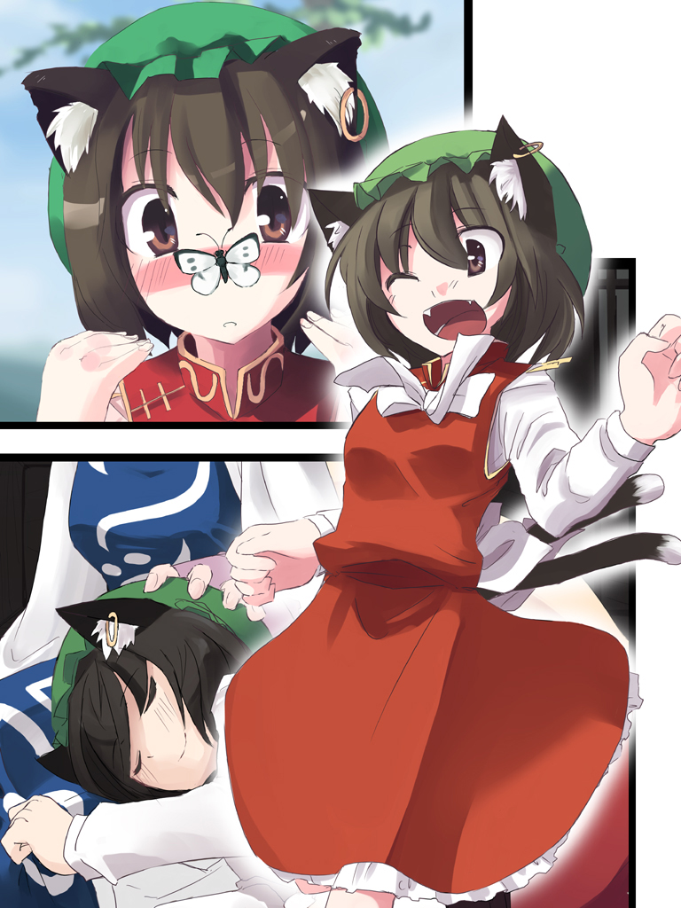 kuroneko no toorimichi, takuzui, chen, yakumo ran, touhou, 2girls, animal ears, blush, brown eyes, brown hair, bug, butterfly, cat ears, cat girl, cat tail, dress, earrings, fangs, female focus, hat, headpat, jewelry, lap pillow, multiple girls, multiple tails, short hair, sleeping, surcoat, tail