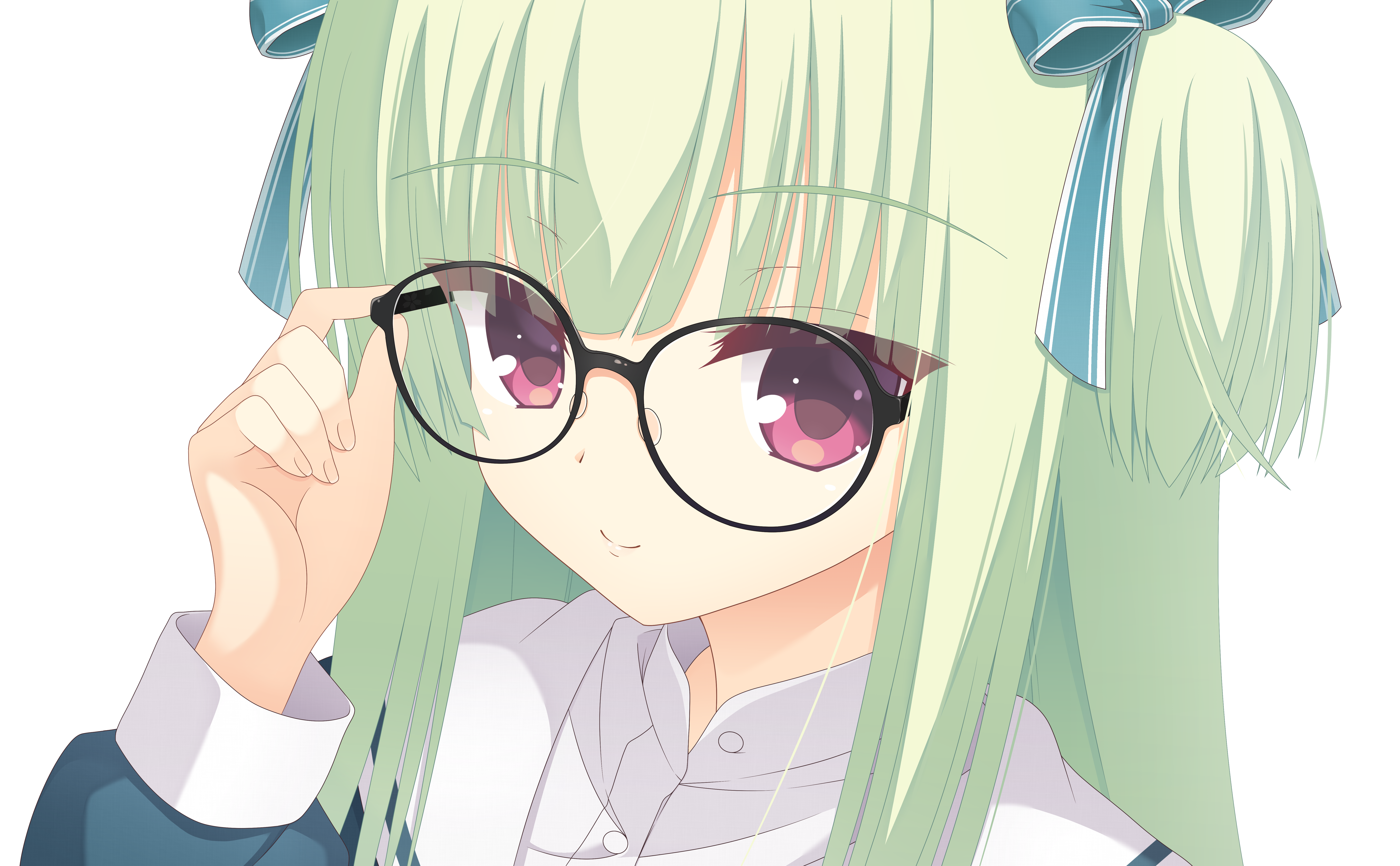 kaon zz, murasame (senren), senren banka, absurdres, commentary request, highres, paid reward available, 1girl, adjusting eyewear, aqua bow, aqua ribbon, bespectacled, black-framed eyewear, blunt bangs, blunt ends, bow, closed mouth, eyes visible through hair, fingernails, glasses, green hair, hair bow, hair ribbon, hand up, hime cut, long sleeves, looking at viewer, official alternate costume, portrait, red eyes, ribbon, sailor collar, school uniform, serafuku, sidelocks, simple background, smile, solo, split mouth, straight hair, two side up, white background, white sailor collar
